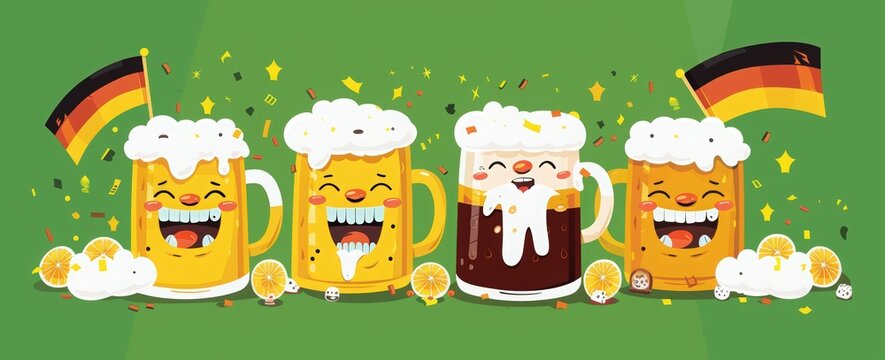 cute teeth with beer mugs illustration for Octoberfest, accordion playing music, german flags and party lights