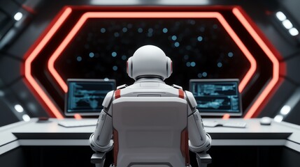 Futuristic astronaut in a sleek control room, monitoring deep space through advanced screens with vibrant neon lighting.