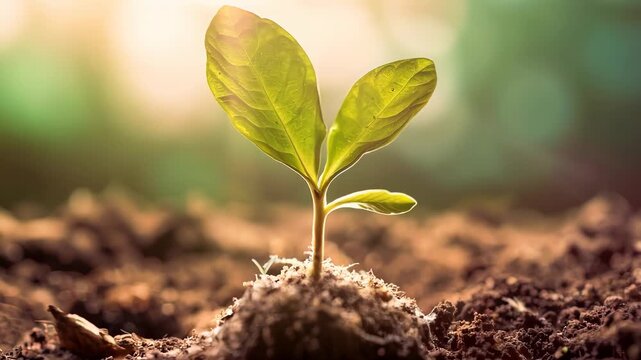 Young green plant sprouting in rich soil under sunlight, close-up. Growth and nature concept