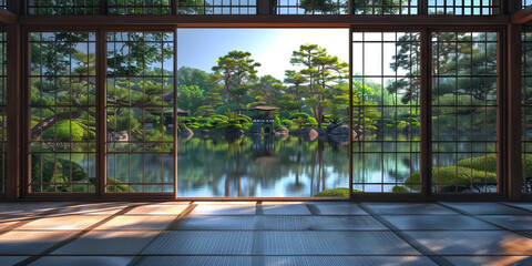 Serene Sanctuary: A tatami mat room with sliding shoji paper doors, revealing a view of a Japanese garden.