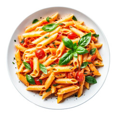 A vibrant dish of Italian pasta featuring cherry tomatoes and fresh basil, served on a white plate, showcasing a colorful and appetizing meal