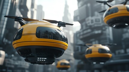 Futuristic yellow drone taxi flying through a modern city landscape, showcasing a blend of...