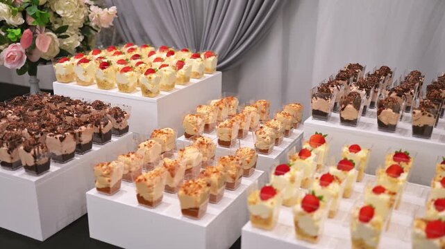 Candy bar, Sweets on stands. Delicious desserts at the banquet, sponge cakes, shortbread tarts. move camera footage