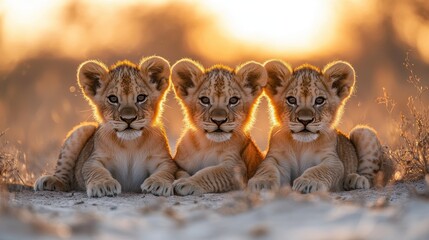Obraz premium Family of lion cubs sitting together in the desert at sunset, posing for animal portrait, warm light highlighting their golden fur and playful expressions, looking directly into the camera 