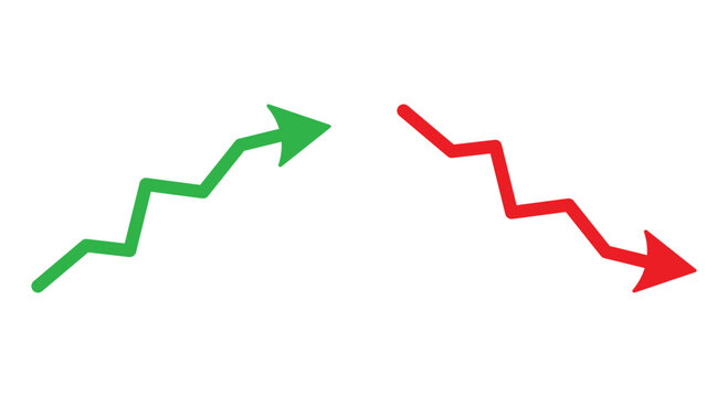 Graph going Up and Down sign with green and red arrows vector. Flat design vector illustration concept of sales bar chart symbol icon with arrow moving down and sales bar chart with arrow moving up.