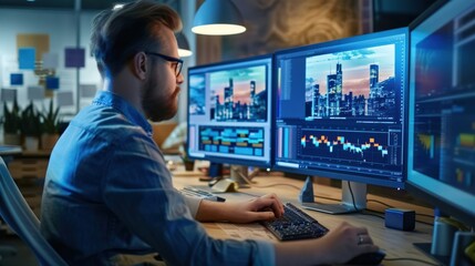 A man focused on multiple computer screens displaying financial data. He's working late into the night, analyzing market trends and strategizing investments.