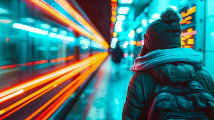 Obraz premium Woman in Winter Clothes Waiting for Train at Night Subway Station