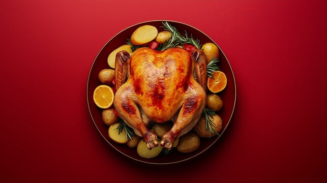Thanksgiving day Roasted Chicken Dinner on Red Background - Powered by Adobe