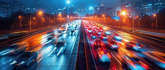 Obraz premium Panoramic blur of highway, moving cars, abstract shapes.