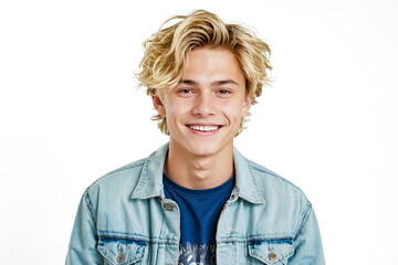 Young man with blond hair smiling in a denim jacket