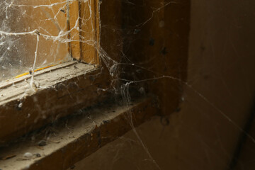 Dirt and spider web at the window in abandoned house