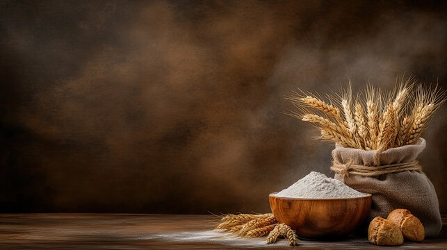 A wooden bowl filled with flour sits beside wheat stalks on a textured surface, highlighting the connection between grain and baking essentials