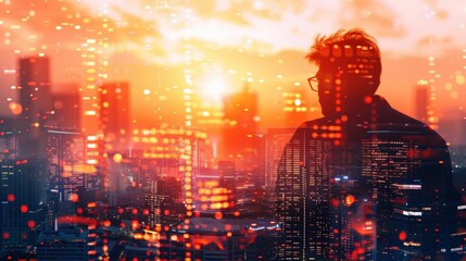 A man stands silhouetted against a city skyline, bathed in warm, glowing light, creating a sense of urban wonder and possibility.