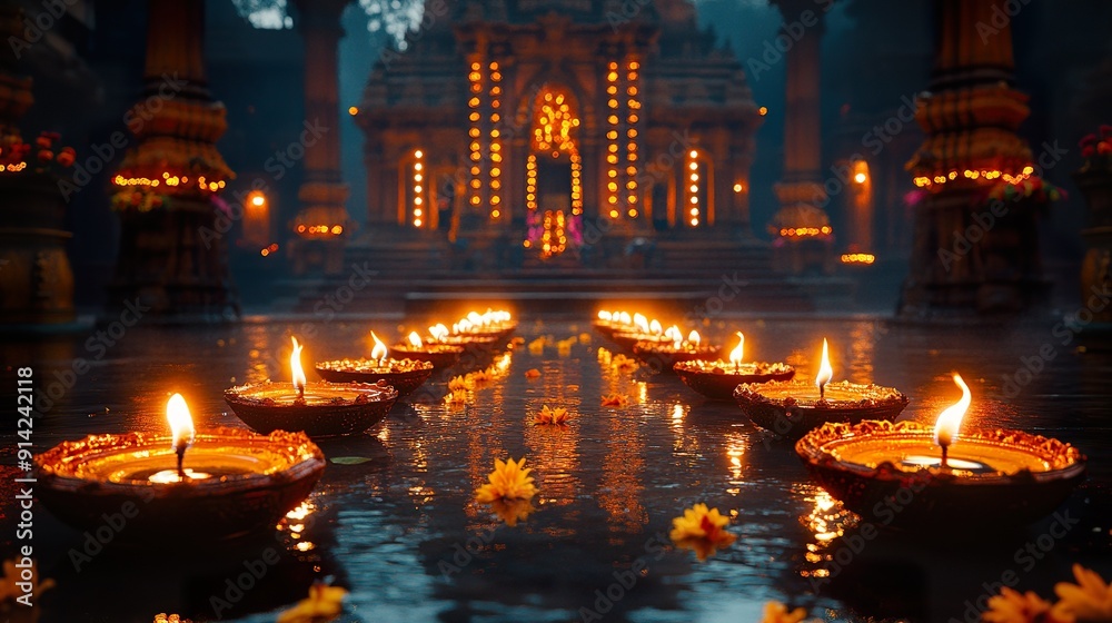 Wall mural a detailed shot of an indian temple illuminated with diyas and lights for diwali