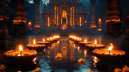 A detailed shot of an Indian temple illuminated with diyas and lights for Diwali