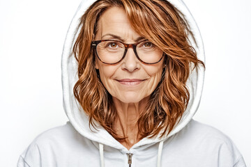 Obraz premium Woman in white hoodie smiles into camera