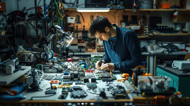 A man works on an electronics project in a cluttered workshop.  He is focused on his work, soldering wires and components.