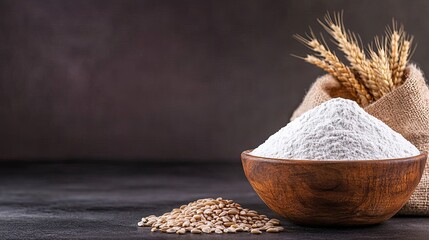 A wooden bowl filled with flour sits beside wheat stalks on a textured surface, highlighting the connection between grain and baking essentials