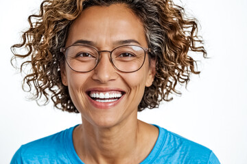 Obraz premium Happy Woman with Curly Hair and Glasses