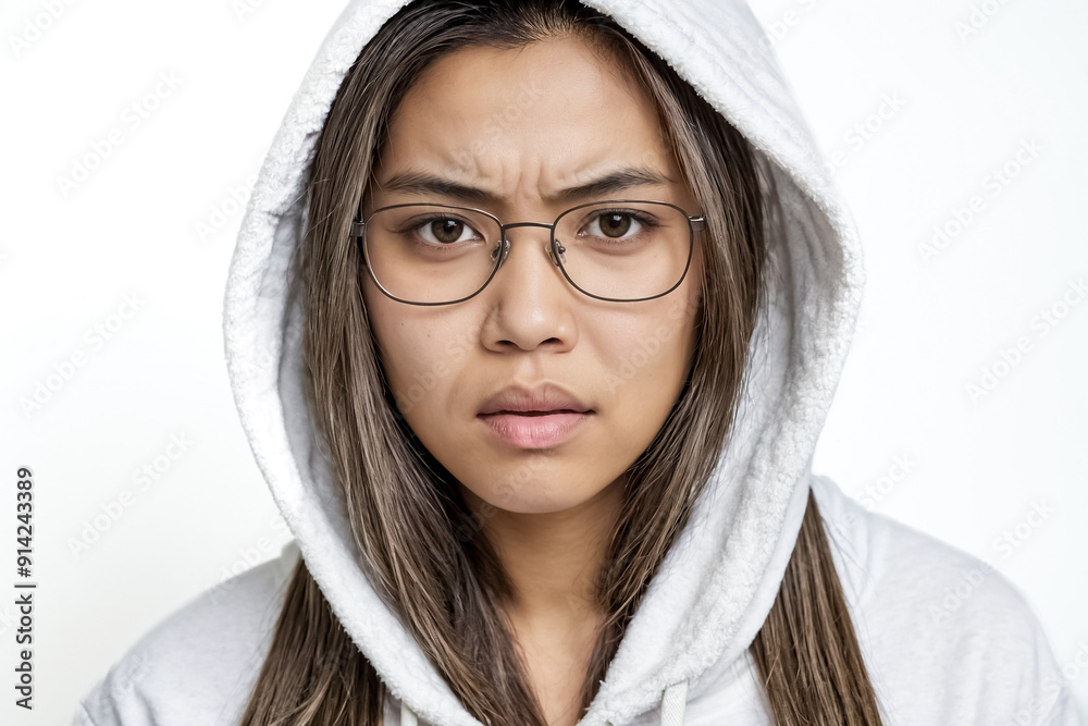 Canvas Prints Young woman in white hoodie with serious expression