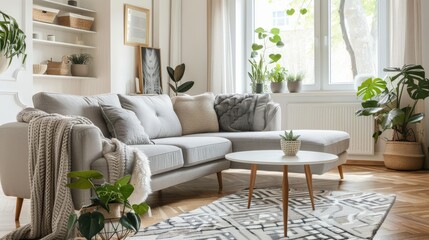 Obraz premium A modern living room with a grey sectional sofa, a coffee table, plants, and a rug.