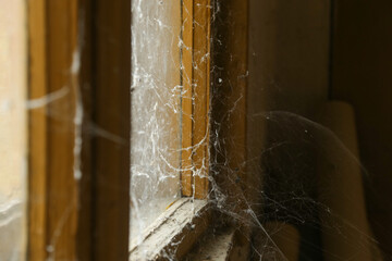 Dirt and spider web at the window in abandoned house