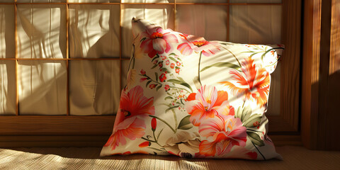 Zen Meditation Corner: A comfortable cushion and a soft floral print textile.