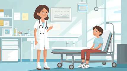 Illustration, Nurse with Young Patient in Clinic. Doctor taking care of a young boy or girl. Health care theme. Illustration for info brochure in hospital, children&rsquo;s level.