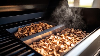 Wood chips emit fragrant smoke in a smoker, ready to enhance the flavor of grilled food during a warm sunset.