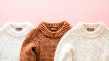 Three soft, knitted sweaters in neutral tones are stacked together, showcasing their texture and inviting warmth during the autumn season