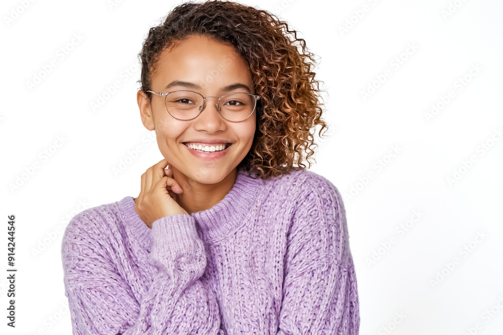 Sticker Portrait of a smiling young woman with curly hair wearing glasses and a purple sweater