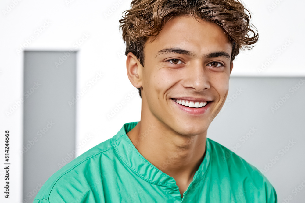 Wall mural Portrait of a smiling young man in a green shirt