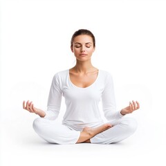 Woman Practicing Yoga in White Outfit on White Background. Generative ai.