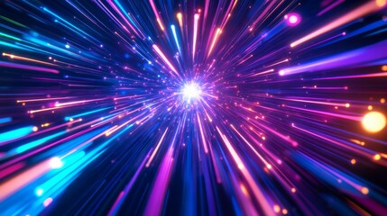 Bright neon lines of light explode outward, creating a mesmerizing effect in a dark setting, showcasing dynamic movement and energy