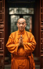 Smiling Buddhist Monk in Traditional Orange Robe. Generative ai