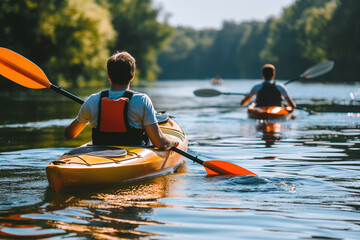A group of friends kayaking down a tranquil river surrounded by lush, green forest on a sunny day