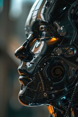 Fototapeta premium A detailed view of a robot's facial features, with expressive eyes and a mechanical mouth