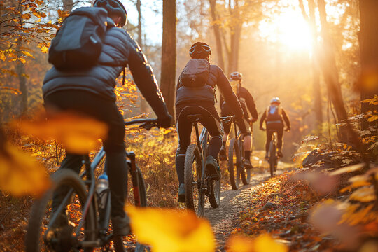A group of friends mountain biking through a forest in autumn, with golden leaves and sunlight streaming through the trees