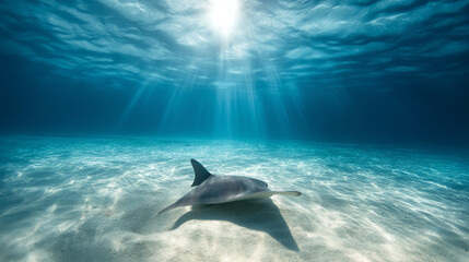 A hammerhead shark glides gracefully over a sandy ocean floor illuminated by sunbeams in clear blue waters