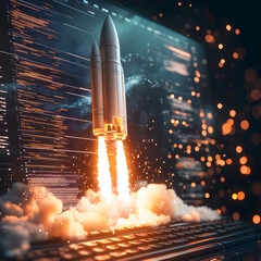 Fototapeta premium Space rocket launching from a laptop screen, illustrating generative AI and futuristic technology.