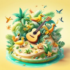 Naklejka premium A colorful tropical island showcases exotic birds, flowers, and a guitar amid lush greenery, inviting a sense of relaxation and adventure