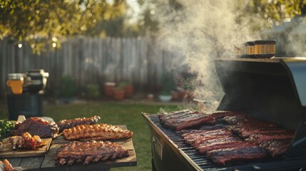 Delicious ribs sizzle on the grill as smoke rises, with more grilled meat displayed on a table nearby under the warm afternoon sun.