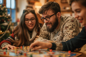Fototapeta premium A cheerful group of friends enjoying a fun-filled evening playing board games together indoors