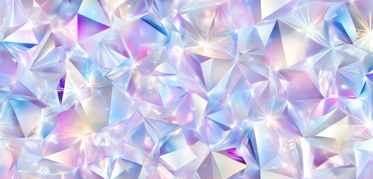 Iridescent diamonds and stars shimmer on a crystal backdrop in a dreamy, abstract pattern.