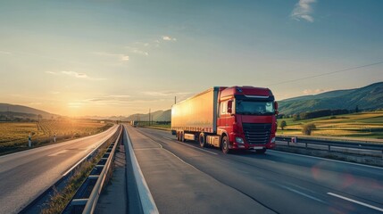 A red semi-truck drives on a highway with a beautiful sunset in the background.