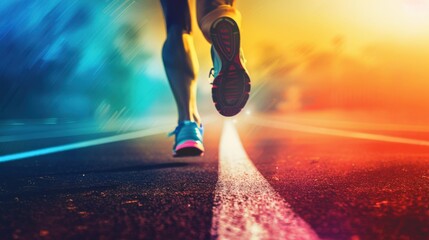 A runner's legs stride forward on a road, with a colorful, blurred background.  The image evokes speed and determination.