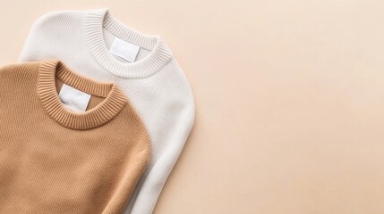 Three soft, knitted sweaters in neutral tones are stacked together, showcasing their texture and inviting warmth during the autumn season