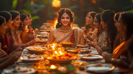 A festive Diwali dinner with family and friends gathered around a beautifully set table