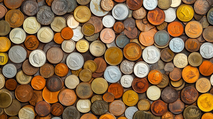 Global coins dance in an artistic pattern on a colorful tapestry.
