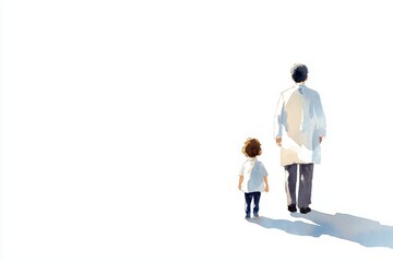 Obraz premium A doctor walks with a child, symbolizing mentorship and future in healthcare. Inspiration for medical and family themes.